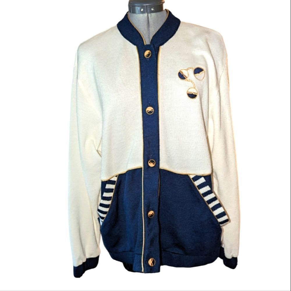 Vintage Regal white blue‎ and gold  sweater jacket size large